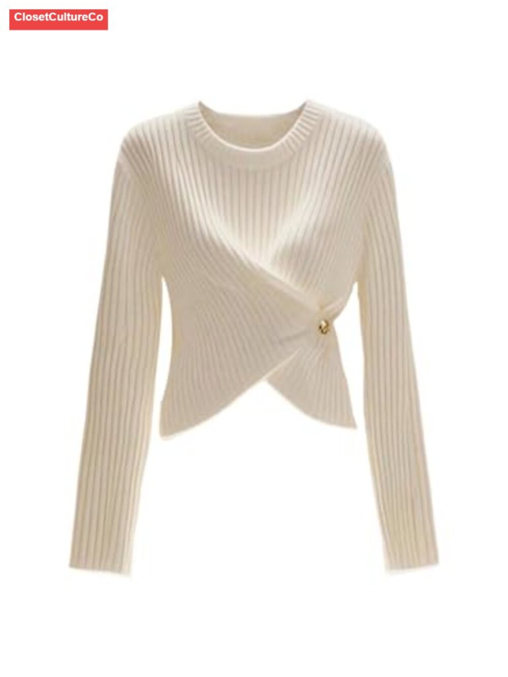 Wrap Knit Sweater Cinched Waist Pullover Long Sleeve Crew Neck